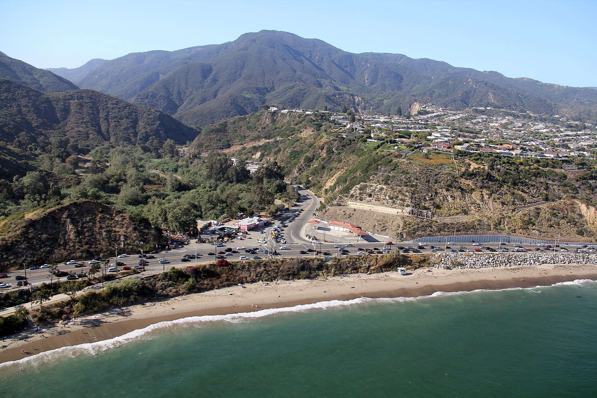 Aerial view of Pacific Coast Highway at Topanga Canyon Road on the eastern approach to Malibu