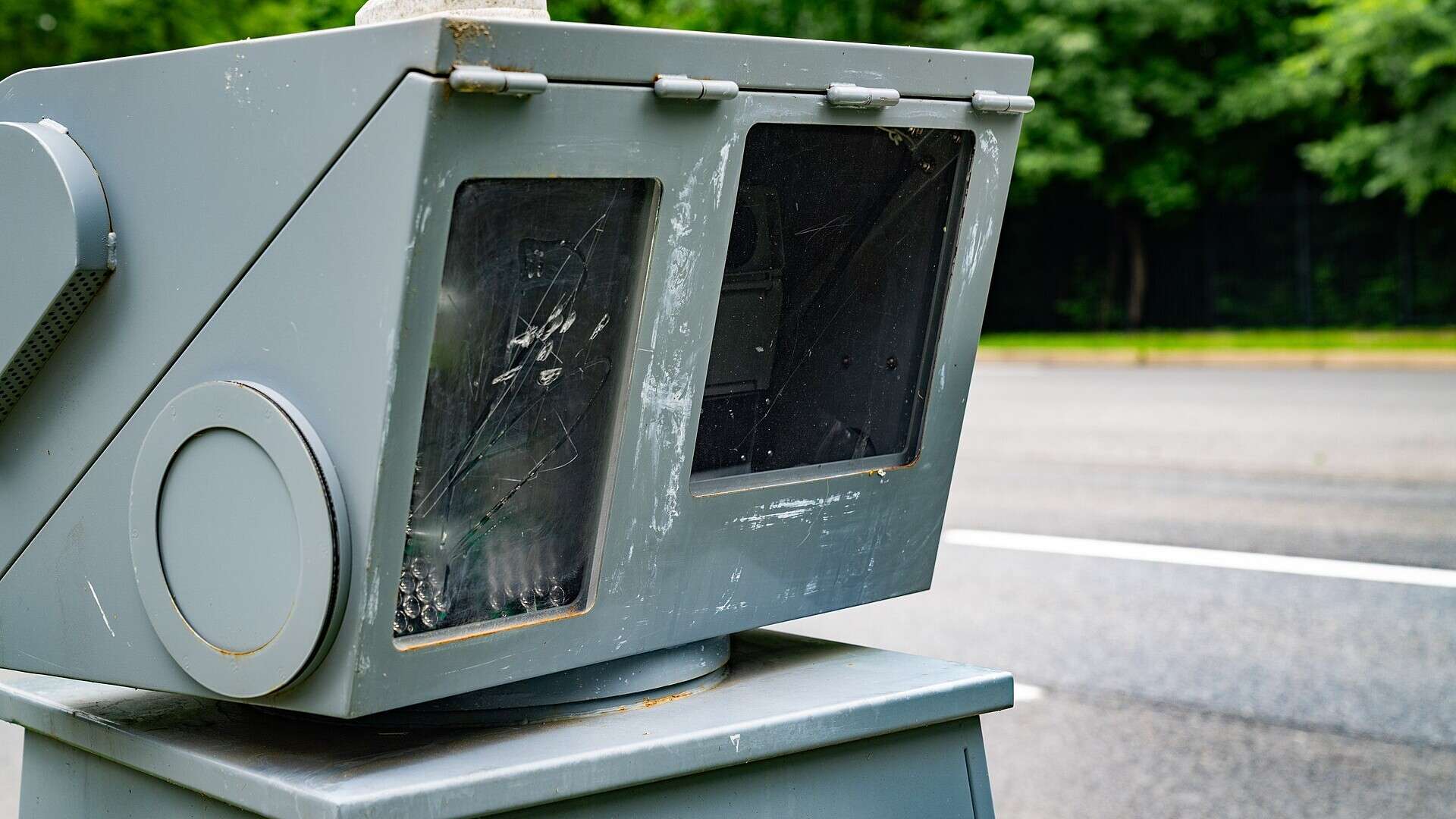 Pole-mounted speed enforcement camera beside a road in Maryland