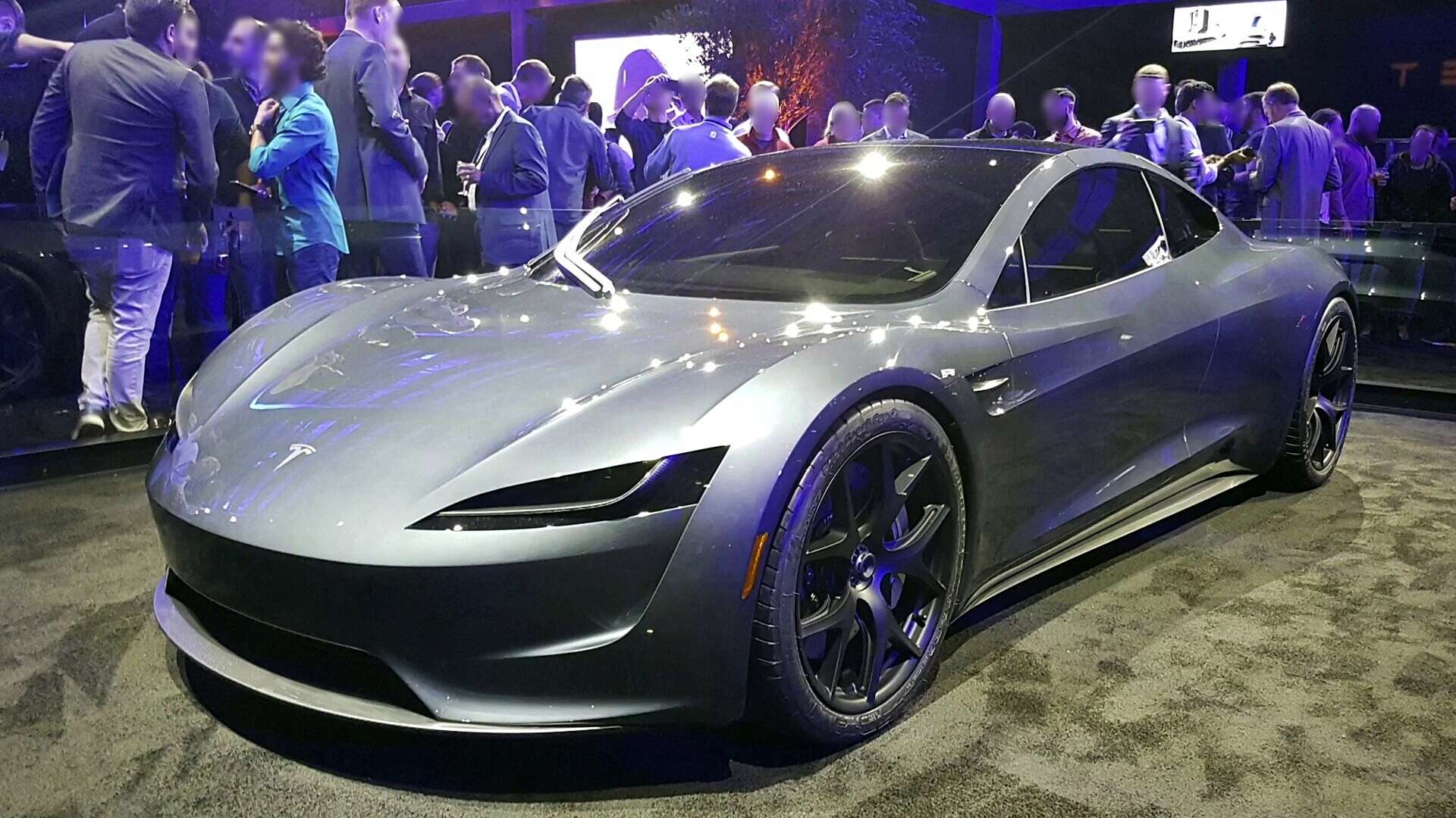 A silver second-generation Tesla Roadster prototype on display at its November 2017 unveiling