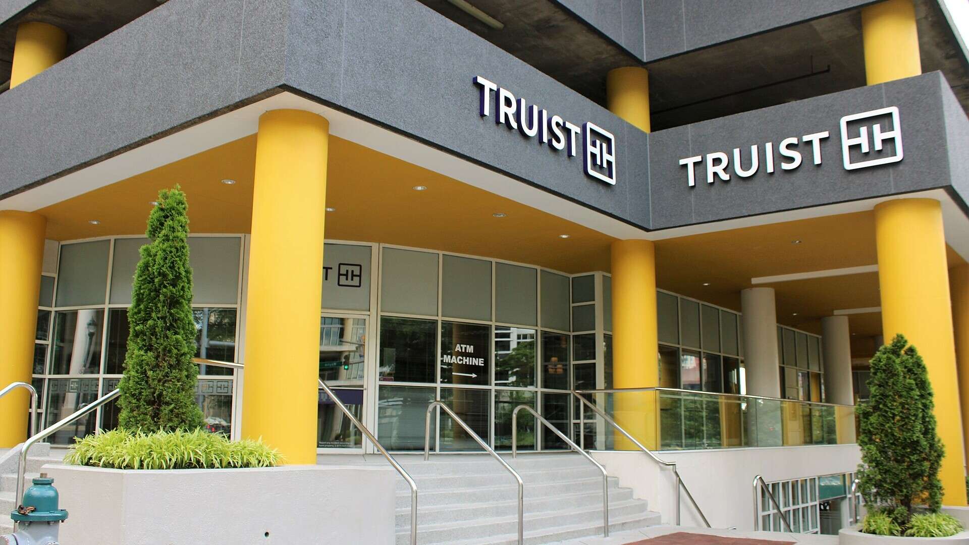 Truist Bank branch sign on a building in downtown Silver Spring, Maryland