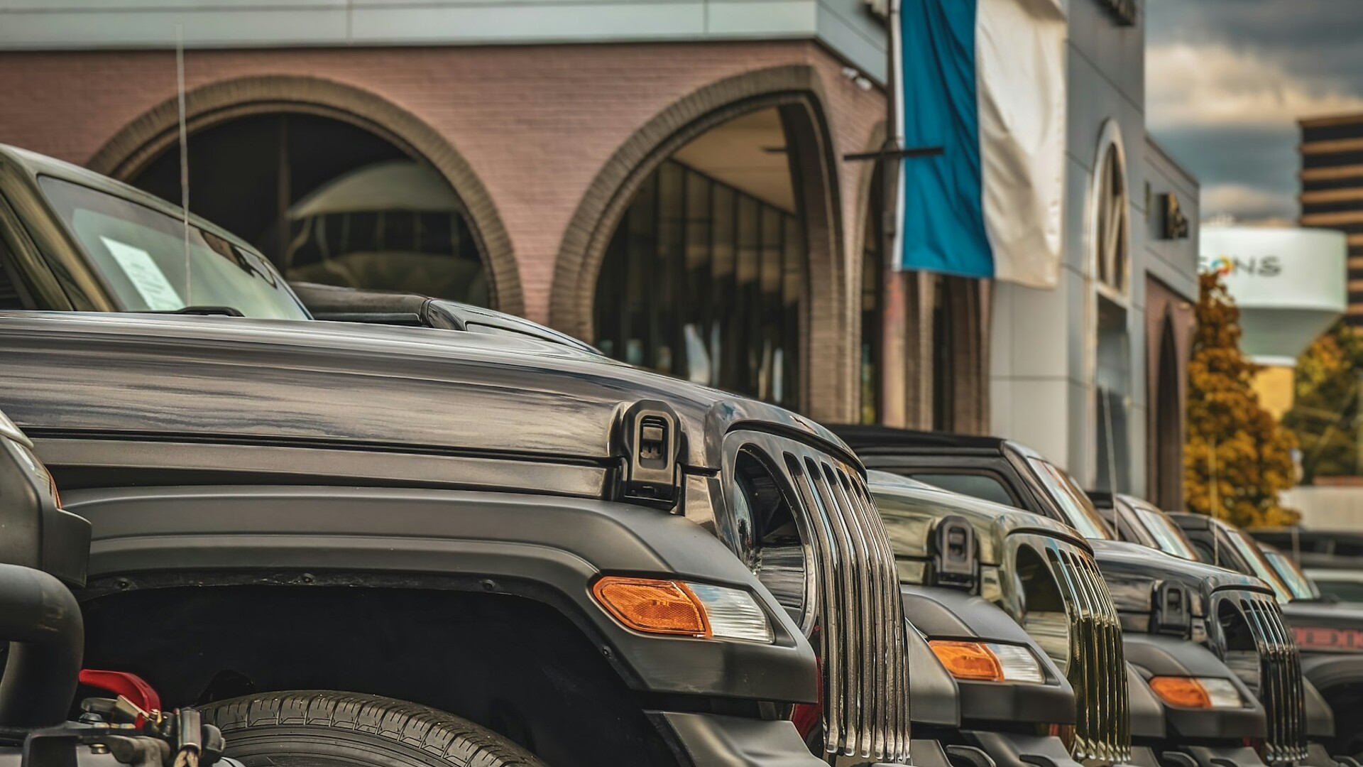 A row of used SUVs parked beneath a "Used Cars" sign at a dealership