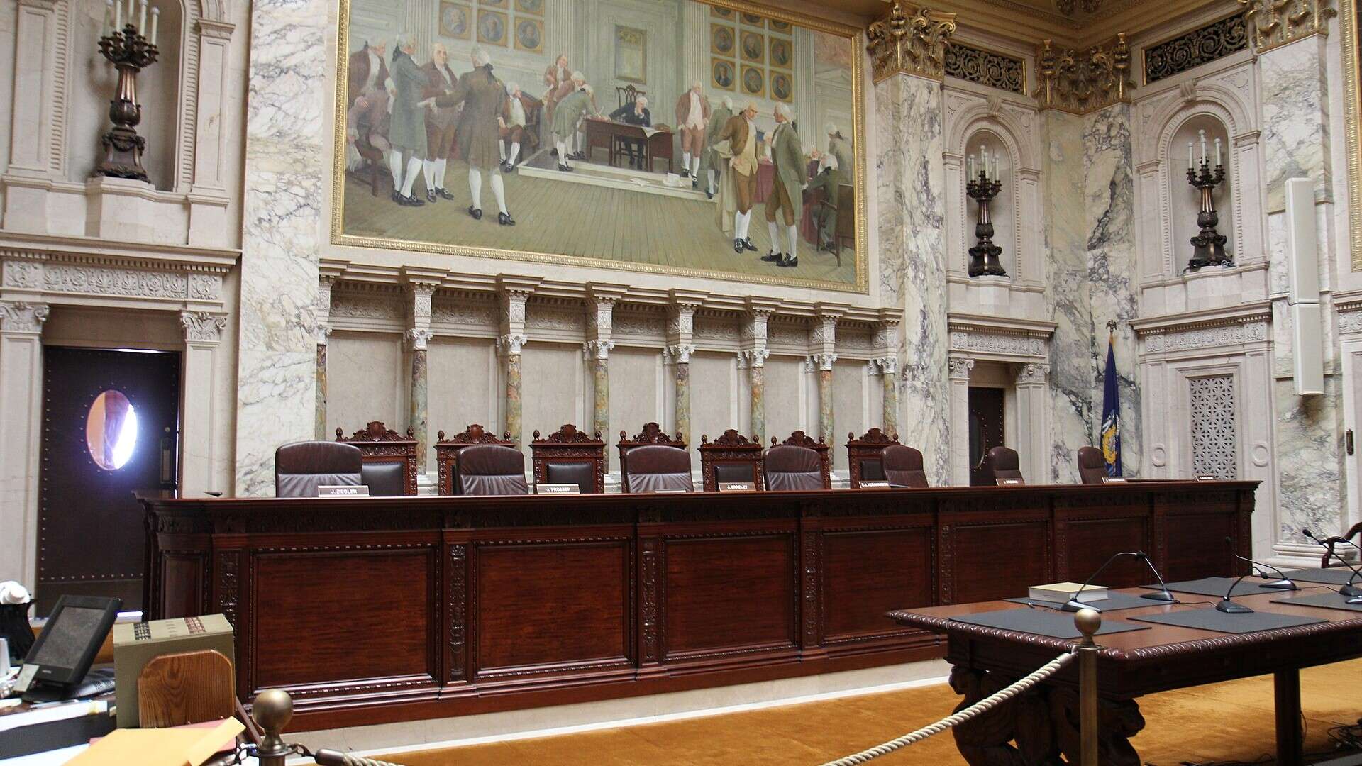 The Wisconsin Supreme Court hearing room inside the State Capitol in Madison